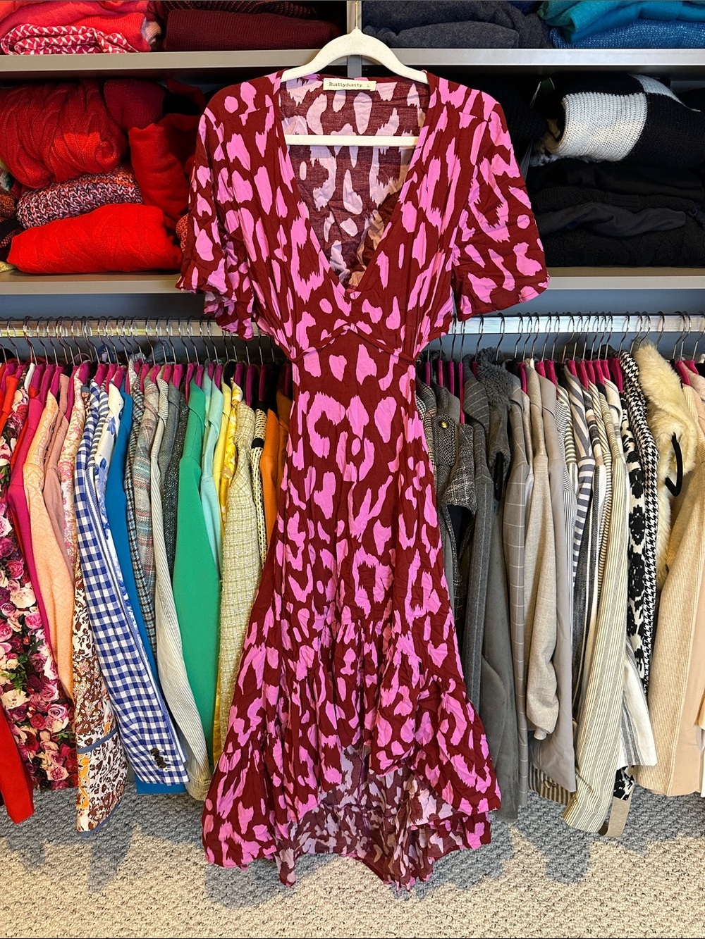 Rustyydustty maroon/pink print short sleeve open back hi low maxi dress size L